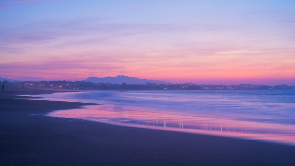 purple, beach, sunset, blue sky, new zealand, sea, nature, water, landscape, sky, ocean, blue, summer, vacation, sun, clouds